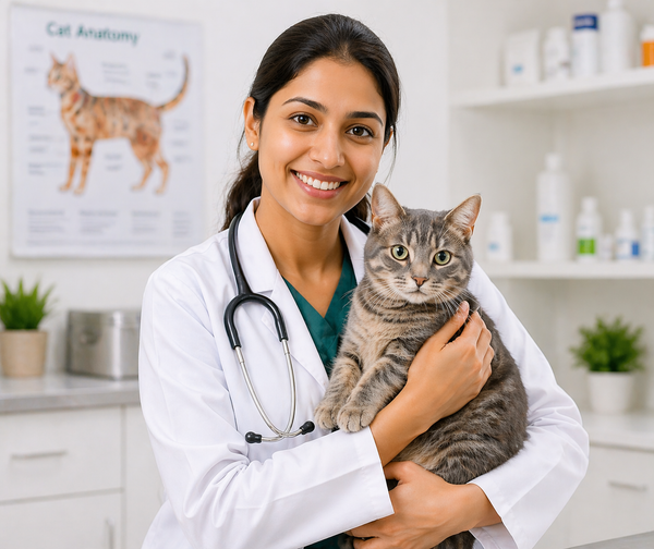 Veterinarian holding a cat in a clinic setting