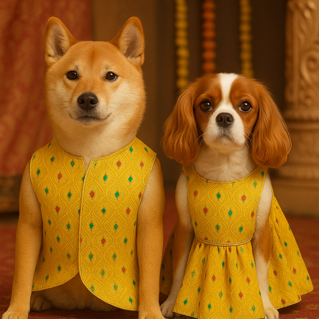 Royal Yellow Pet Sherwani & Lehenga Combo for Dogs – Ethnic Indian Wedding Outfit (Customizable)