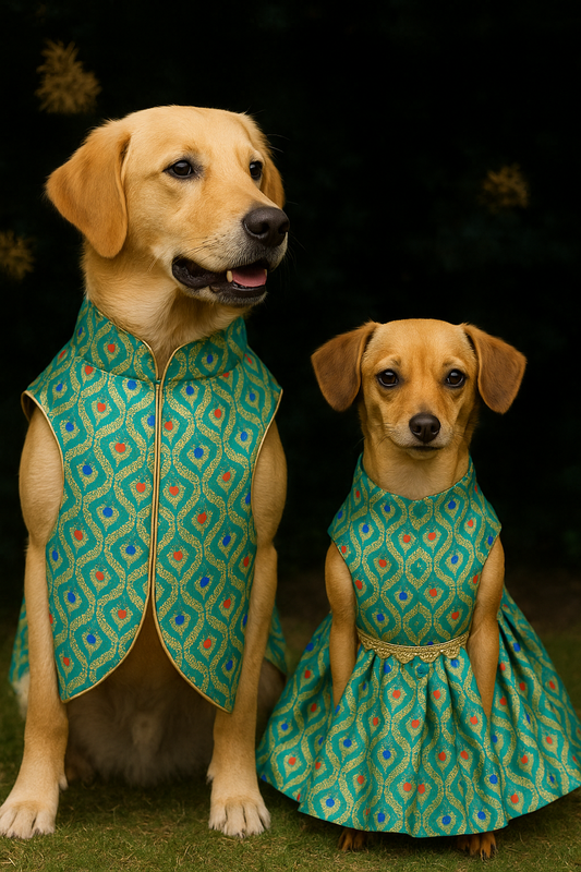 Green Sherwani and Frock Combo for Dogs – Ethnic Wear for Weddings & Festive Occasions