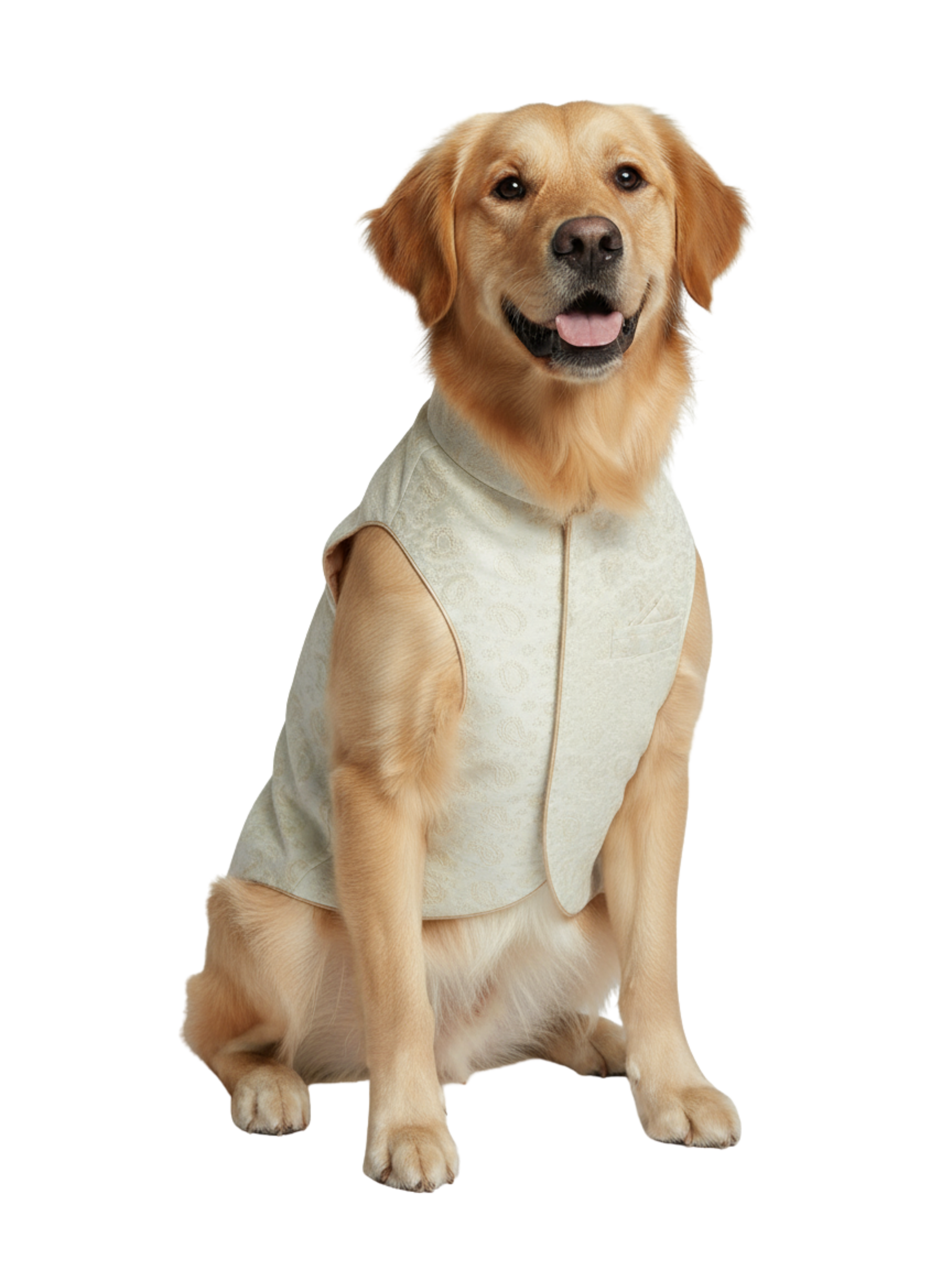 Dog wearing a cream sherwani jacket on a white background